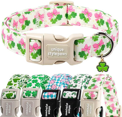 Unique style paws Dog Collar Plastic Buckle with Pendant Puppy Collar for Saint Patrick Bow Clover for Small Medium Large Boys Girls Dogs