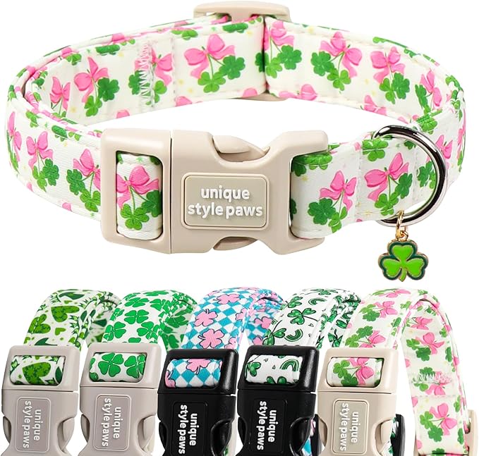 Unique style paws Dog Collar Plastic Buckle with Pendant Puppy Collar for Saint Patrick Bow Clover for Small Medium Large Boys Girls Dogs