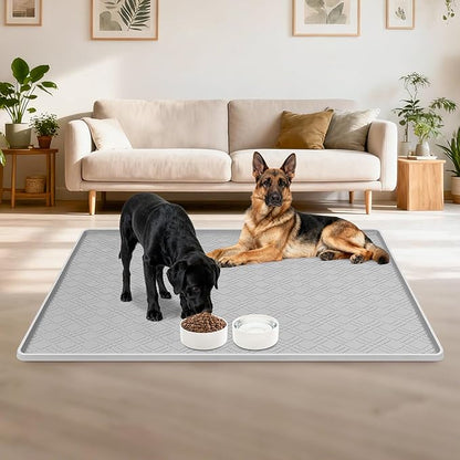 Lanstics Dog Food Mat, 42" x29" Large Silicone Mat Dog Feeding Mat with Raised Edge Non-Slip Pet Feeding Mat for Food and Water Bowl, Easy to Clean, Floor Protection (Light Gray)