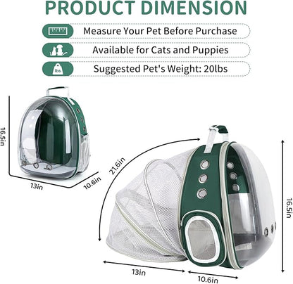 Cat Backpack Carrier, Back Expandable Pet Backpack with Bubble Window, Airline Approved Pet Travel Bag for Small/Medium Cats & Puppies, Hiking, Camping, Outdoor Use (Green)