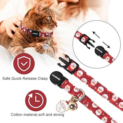 2 Pack Christmas Cat Collars Breakaway with Bell, DOGWONG Safety Buckle Santa Claus Christmas Tree Cute Cat Collar for Girl Boy Cats，Adjustable 7-12 Inch