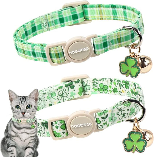 2 Pack St. Patrick's Day Cat Collars, DOGWONG Spring Green Shamrock Cat Collars with Safety Buckle for Cats