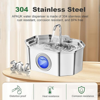 Cat Water Fountain Stainless Steel 108oz/3.2L, APAUK Automatic Pet Fountain Dog Water Dispenser with Water Level Window, Quiet Cat Fountain for Drinking, Inside with Replacement(4 Filters&4 Sponges)