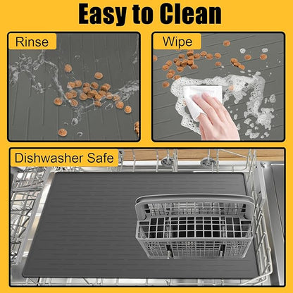Large Dog Mat for Food and Water, 31.8"x23.8" Silicone Pet Feeding Mats, Waterproof Dog Bowl Mat with High Edges to Prevent Water and Food Spills, Dark Gray