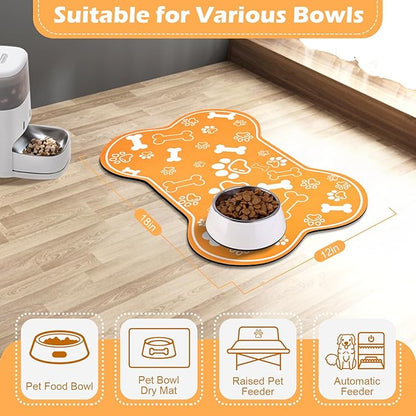Dog Cat Mat for Food and Water,Rapid Absorbent Pet Feeding Mat, Bone Shaped Dog Placemat Bowl Mat with Rubber Backing,No Stains Pet Food Mats Indoor, Pet Accessories Supplies,Orange 12"×18"