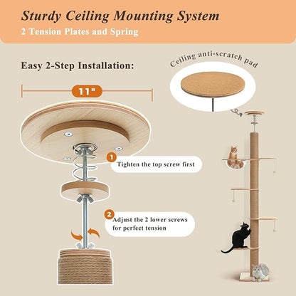 PETEPELA Floor to Ceiling Cat Tree, Adjustable Height(79-103'') Solid Wooden Tall Cat Tower for Indoor Cats with Sisal Scratching Post, Acrylic Bowl and Play Pompom, Wooden Beige