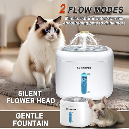 Cat Water Fountain 2.2L with 3 Filters and 1 Mat, Dual Flow Modes Dog Water Fountain with Ultra Silent and Auto Stopping for Small Kitty Cats and Dogs - White