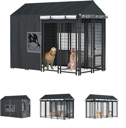 Outdoor Dog Kennel Cover - Full Coverage for 8'Dx4'Wx6'H Dog Cages, 600D Heavy Duty Waterproof Kennel Cover, Black