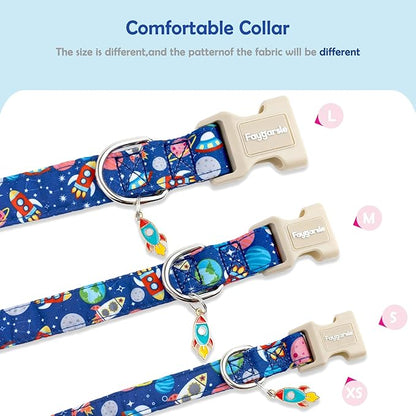 Faygarsle Space Theme Dog Collar, Navy Blue with Rockets and Planets Pattern for Summer Small Medium Large Dogs M
