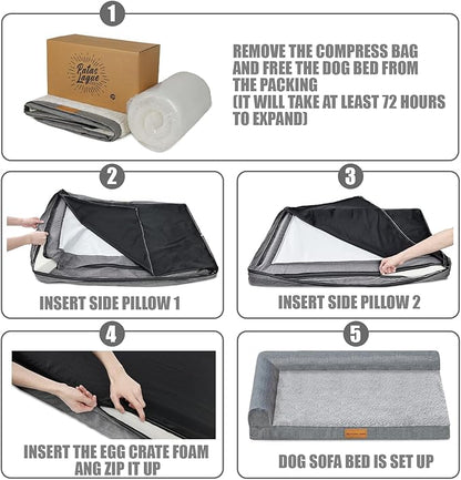 Patas Lague Orthopedic Dog Bed Large Sized Dog 36''X24'', Waterproof L Bolster Medium Pet Sofa Beds with Removable Washable Cover, Soft Comfortable Pet Couch Crate Mat with Nonskid Bottom, Purple