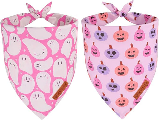 ADOGGYGO Pink Halloween Dog Bandanas 2 Pack, Reversible Ghost Pumpkin Scarf Bib, Adjustable Fit Pink Halloween Bandana for Extra Large Dogs Girl (X-Large)