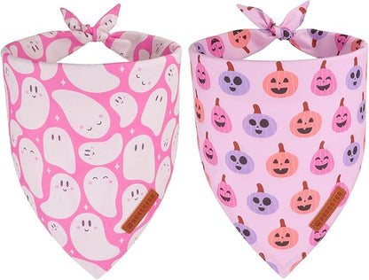 ADOGGYGO Pink Halloween Dog Bandanas 2 Pack, Reversible Ghost Pumpkin Scarf Bib, Adjustable Fit Pink Halloween Bandana for Medium Large Dogs Girl (Large)