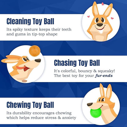 Meric CoCoo 3-Pack Squeaky Dog & Ferret Ball Toys, 2.3", Massage Teeth and Gums, Spikey Cat Rubber Balls, Toss Fetch Squeeky Doggy Balls for Multi-Pet Homes