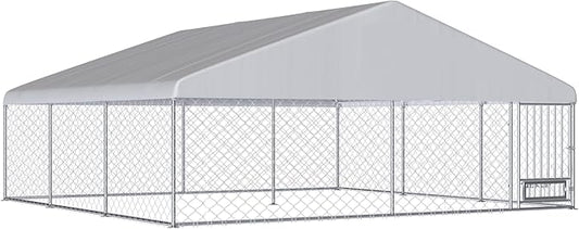 15FTx15FT Outdoor Dog Kennel with Roof, Outside Dog Run Fence with Rotated Dog Bowls, Large Dog House Pen Enclosure with Secure Lock&Textilene Door