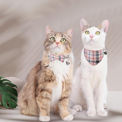 SCENEREAL Plaid Cat Collar with Bow Bandana - 2 Pack Breakaway Kitten Collar with Removable Bowtie Bell, Adjustable Cute Cat Collar for Cats Kittens, Beige