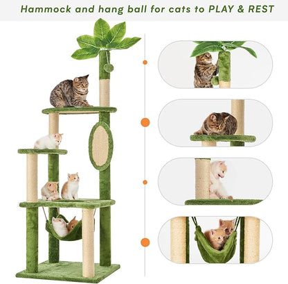 Cat Tree for Indoor Cats, 55 Inch Cat Tower with Rotating Scratching Board, 4 Sisal Posts & Leaf Top Design, Modern Cat Furniture for Multiple Cats (No House), Green