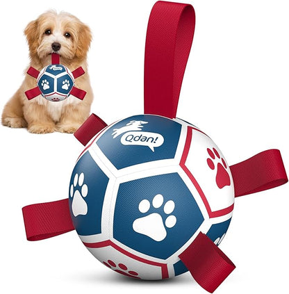 QDAN Small Dog Toys, Outdoor Indoor Toys to Keep Them Busy, Soccer Ball with Straps, Puppy Birthday Gifts, Dog Water Toy, Durable Puppy Balls（5 Inch）