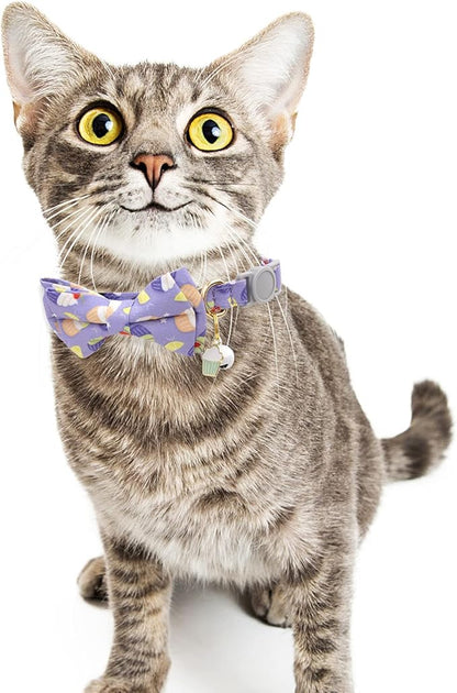 Faygarsle 2 Pack Cute Breakaway Cat Collar With Bell and Bowtie for Male Female Cats - Soft Fancy Pink Purple With Ice Cream Doughnuts Pattern - Summer Collar for Boy Girl Cats