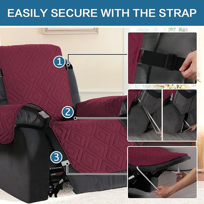 H.VERSAILTEX Reversible Quilted Recliner Covers Water Resistant Furniture Protector for Reclienr Chair with Elastic Straps for Pets Kids Sitting Width Up to 28"(Oversized Recliner, Red/Tan)