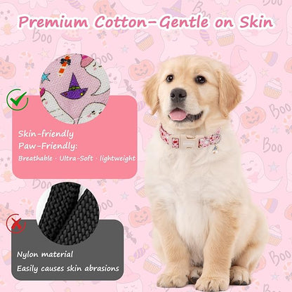 Halloween Dog Collar, Fall Dog Collars for Small Dogs, Cute Pink Puppy Collar with Adorable Ghost & Pumpkin Design, Soft Cotton Small Dog Collars Girl Boy Dog Collar-S