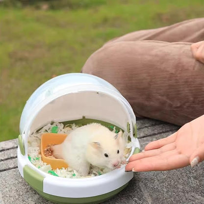 Portable Pet Travel Carrier with Water Bottle, Safety Lock, 6.3 inch Diameter, White and Green, Small Animal Transport Case for Hamster, Turtle, Bird