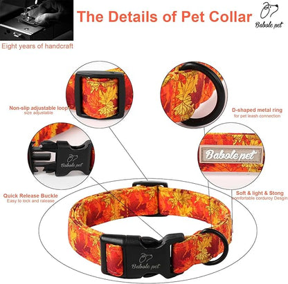 Fall Dog Collar, Gold Maple Leaves Pattern Fall Thansgiving Puppy Collar, Soft Adjustable Cotton Holiday Dog Collars for Small Medium Large Boy&Girl Dogs XS