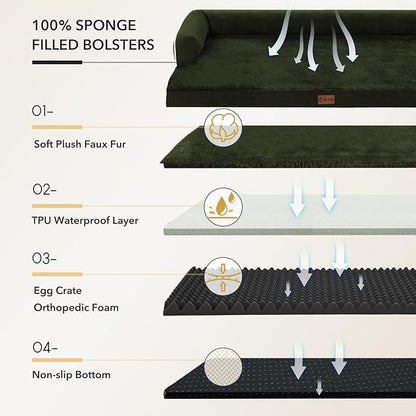 Orthopedic Dog Beds for Large Sized Dogs, Waterproof Egg Crate Foam Large Dog Couch Beds with Comfy Bolster 36x27Inch, Washable Pet Beds with Removable Cover and Nonskid Bottom, Olive Green