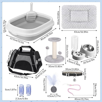 Eccliy Kitten Starter Kit, 10 Pcs Cat Starter Kit for Indoor Cats Kitten Essentials Includes Litter Box, Pet Toy, Folding Carrier, Climbing Frame, Mat, Collar, Automatic Food Bow(Cute,Gray)