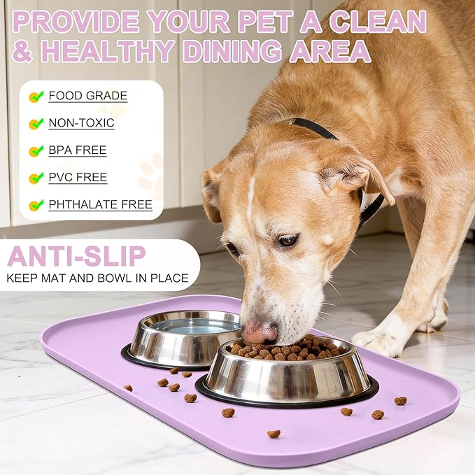 Silicone Pet Food Mat with Raised Edge for Food and Water Bowl, Dog Feeding Mats, Cat Food Trays for Floor Waterproof, Rubber Tray for Dogs and Cats, 22 x 14 x 0.8 Lavender