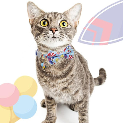 Faygarsle 2 Pack Cute Cat Collar with Bell Breakaway Bowtie for Male Female Cats Soft Fancy Blue Yellow with Ice Cream Sea Pattern Summer Cat Collar for Boy Girl Cats