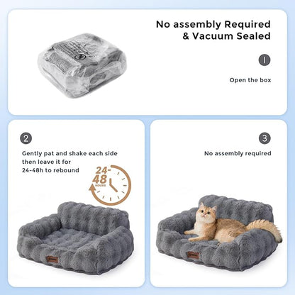 Small Dog Sofa - Orthopedic Cat Sofa Bed for Indoor Cats, Fluffy Faux Fur Dog Couch with Supportive Egg Foam, Cute Pet Couch Bed Removable Washable Cover and Non-Slip Bottom, Ivory White