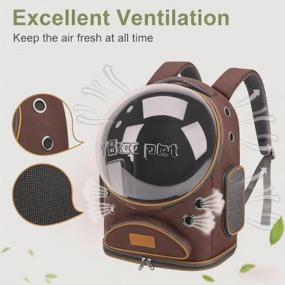 Cat Backpack Carrier, Breathable Cat Carrier Large Space Bubble Pet Backpack for Small Dog and Large cat up to 18lbs, Transparent & Foldable Pet Carrier for Travel Hiking (Brown)