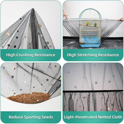 Bird Cage Seed Catcher, Seed Catcher Guard Net Cover, Parrot Nylon Mesh Net Cover, Universal Soft Airy Cage Net Stretchy Skirt for Round Square Cages (Star-Black, 15.7" x87")