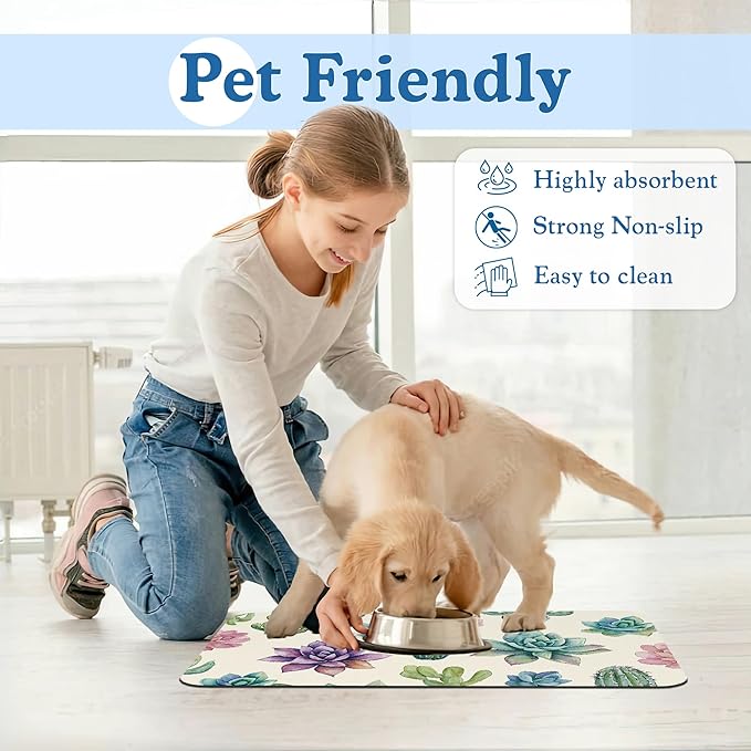 Cactus Flower Pet Feeding Mat for Floors–Christmas Stocking Absorbent Quick Dry Dog Cat Bowl Mat for Food and Water, Non Slip Waterproof Base, Mess-Free Feeding Accessories 16"x24"