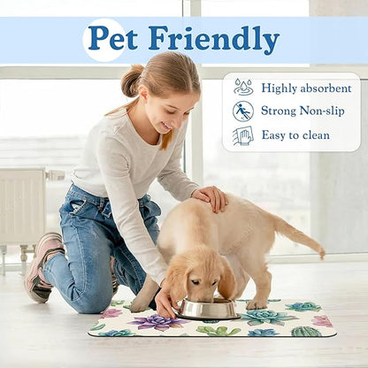 Cactus Flower Pet Feeding Mat for Floors–Christmas Stocking Absorbent Quick Dry Dog Cat Bowl Mat for Food and Water, Non Slip Waterproof Base, Mess-Free Feeding Accessories 16"x24"