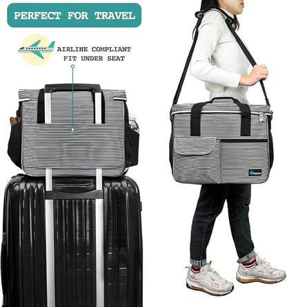 PetAmi Dog Travel Bag - Travel Pet Organizer with Food Container and Bowls, Perfect for Weekend Camping, Cat Diaper Bag (Stripe Black, Medium)