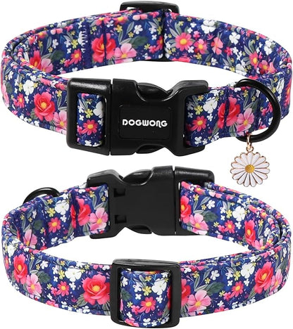 DOGWONG Blue Flower Dog Collar, Cute Adjustable Floral Collar, Girl Female Dog Collar with Strong Plastic Buckle for Small Medium Large Dogs,S
