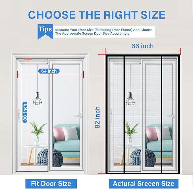 Magnetic Screen Door Upgraded PET Mesh Stronger Than Fiberglass and Polyester,Hands Free,Keeps Bugs Out,Pet & Kid Friendly,Suitable for Sliding Door,Large Patio Door and French Door-64''x80''