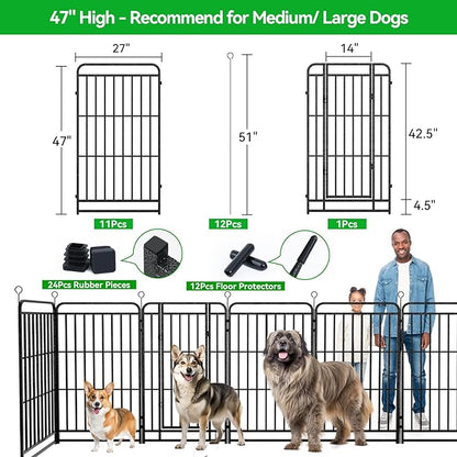 Heavy Duty Dog Playpen: 12 Steel Panels 47" Height, Square Steel Pipe with Reinforced Crossbars, 27FT 57 Sq.ft Portable Fence for Yard RV Camping, Snowy Black