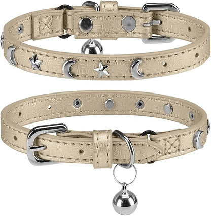 Leather Cat Collars for Boy Girl Cats with Bell and Safety Elastic Belt, Personalized Star and Moon Stud Adjustable Safe Buckle Collar for Kitty Small Big Cats Size 7-9 Inch, Gold