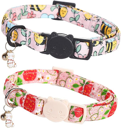 Cat Collar-2 Pack Cat Collars bee & Strawberry Cat Collar Breakaway with Kitten and Bell Pendant Safety Buckle Adjustable Cute Pet Collar for Girl Cats Gift for Cats and Small Pets