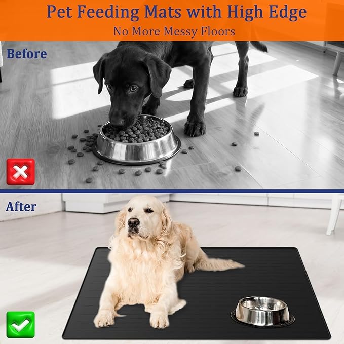 XXXXL Largest Pet Food Mat, 51.2"x25.6"(130cmx65cm) Silicone Dog Mats for Food and Water, Nonslip Pet Feeding Mats for Floors,Dog Cat Bowl Mat with Raised Edges, Black