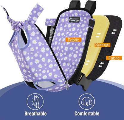 Pawaboo Pet Carrier Backpack, Adjustable Pet Front Cat Dog Carrier Backpack Purse Travel Bag, Legs Out, Easy-Fit for Traveling Hiking Camping for Small Medium Dogs, Small, Black & Purple Daisy