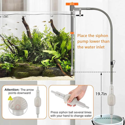 AQQA Aquarium Siphon Vacuum Cleaner Kit with 3 Replaceable Heads, Extra 2-in-1 Algae Scraper Cleaning Brush, Manually Siphon Ball Water Changer, Extendable Length to 38.2In for Fish Tank Cleaning (M)