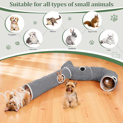 Ownpets 2-in-1 Cat Tunnel, Large Lollipop Shape Cat Tunnel Toy with Fluffy Balls, Spiral Toy, Plush Collapsible Cat Cave Hideout Donut Tunnel for Multi Kitten Puppy Rabbit (Grey)