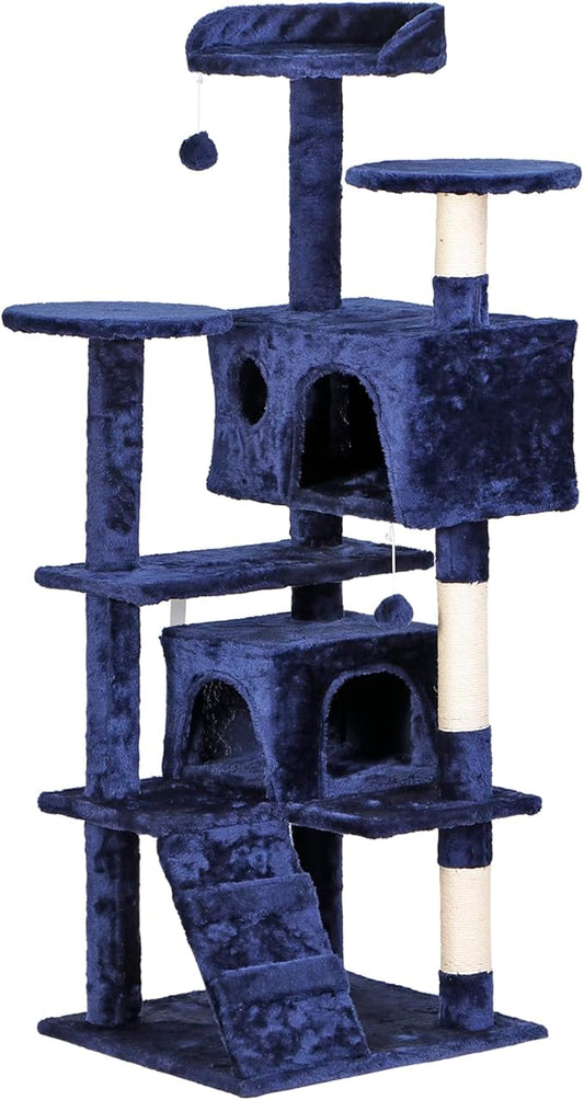 Multi-Level Cat Tree Tower with Condos, 54" Tall Cat Activity Center with Plush Perches and Toys, Space Saving Pet Playhouse for Kittens and Cats (Blue)