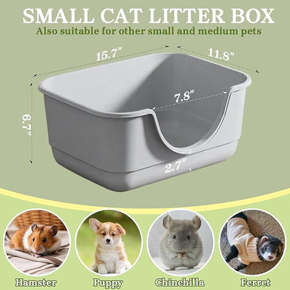 Low Entry Small Litter Box for Kittens, Kitty Plastic Litter Boxes, Open Top, Anti-Splash High Sided Litter Tray Pan for Medium Pets, Puppy, Easy to Clean, 15.7" L*11.8" W*6.7" H (Grey)