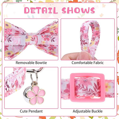 KOOLTAIL Spring Cat Collar with Bow Tie and Bell - 3 Pack Cute Cat Collars Breakaway with Flower & Bee Pattern, Adjustable Fancy Kitten Collar with Safety Buckle for Girls Boys Kitty