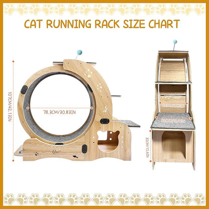 6-in-1 Cat Exercise Wheel - Quiet Wood Cat Treadmill with Cat House, Tree & Feeding Bowls - Sturdy Indoor Cat Activity Center for Running & Play - Large Cat Furniture with Scratching Pad