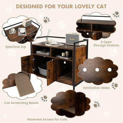 Giantex Cat Litter Box Enclosure - Cat Washroom Hidden Furniture with Front Entry, Scratcher, 2-Door Storage Cabinet, 2 Compartments, Air Vents, Metal Frame, Wooden Pet Crate House (Rustic Brown)